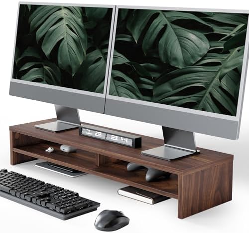 Fenge Monitor Stand, 31.5 Inch Computer Monitor Riser for Desk, 2 Tiers Wood Desk Shelf with Storage, Desktop Organizer for PC, Laptop, Screen, Printer