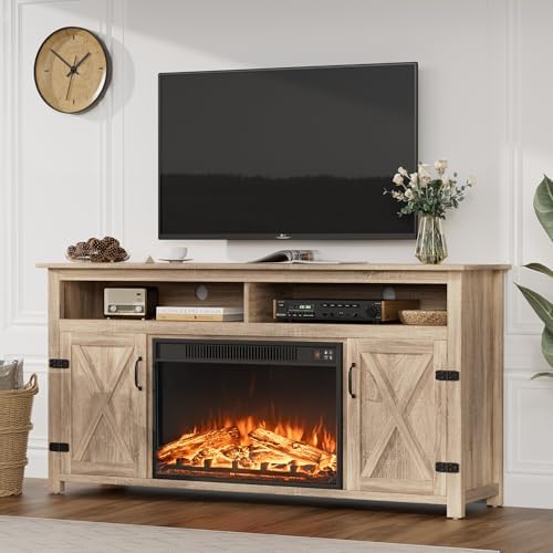 JUMMICO Fireplace TV Stand for TVs Up to 65+ Inch(Pale Yellow)