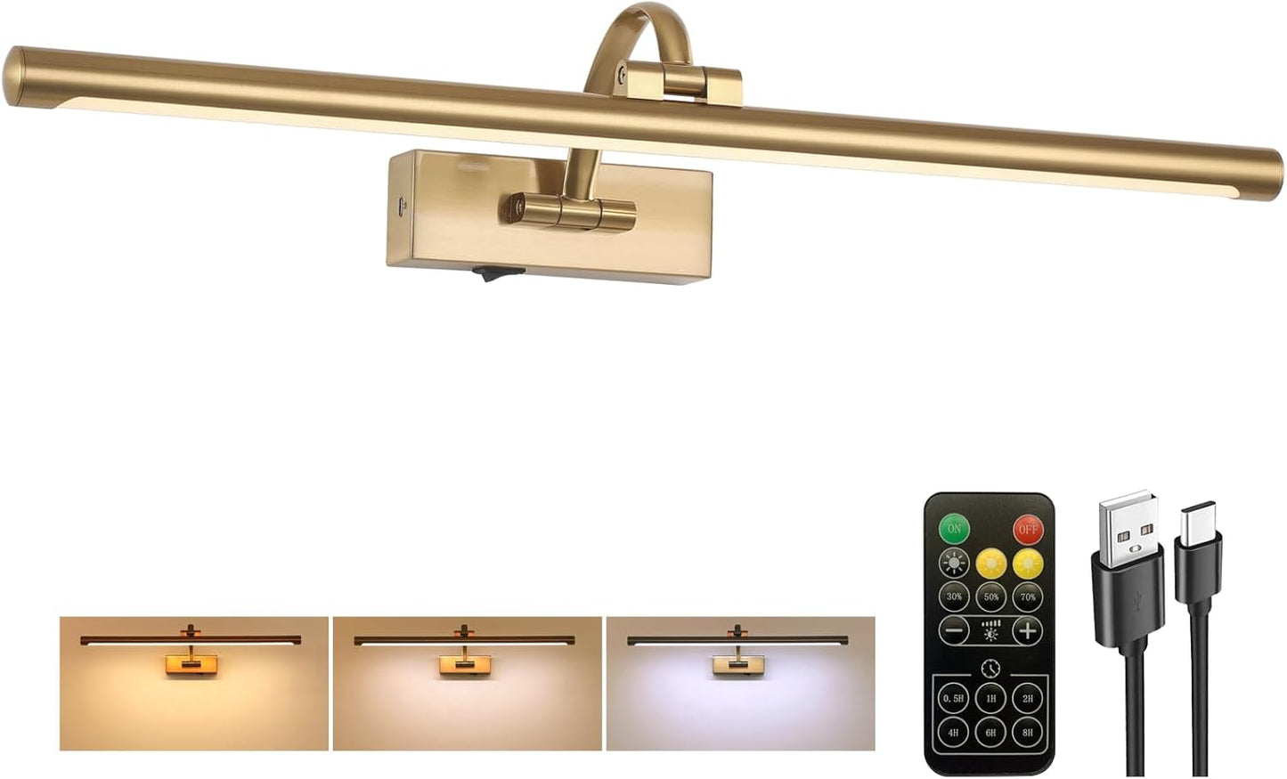 Tassuowell Wireless Picture Lights for Wall Rechargeable, Battery Operated Art Light for Paintings, 3CCT Dimmable, 15.7" Brass Finish with Remote, Rotatable Gallery Light for Pictures Display