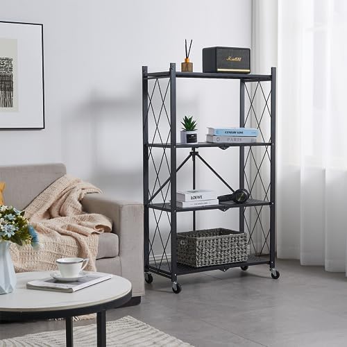 BRIAN & DANY 4-Tier Foldable Storage Shelves with Wheels, Folding Metal Rack Shelving Unit, Heavy Duty No Assembly Organizer Shelf for Garage, Kitchen, Basement, Pantry, Black