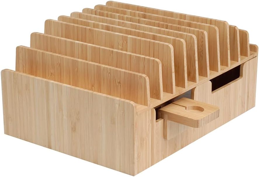 MobileVision Bamboo 10-Port Charging Station Plus 2 Caddy Add-On Combo to hold pens keys and extra storage