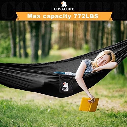 Covacure Camping Hammock - Lightweight Double Hammock, Hold Up to 772lbs, Portable Hammocks for Indoor, Outdoor, Hiking, Camping, Backpacking, Travel, Backyard, Beach (Black)