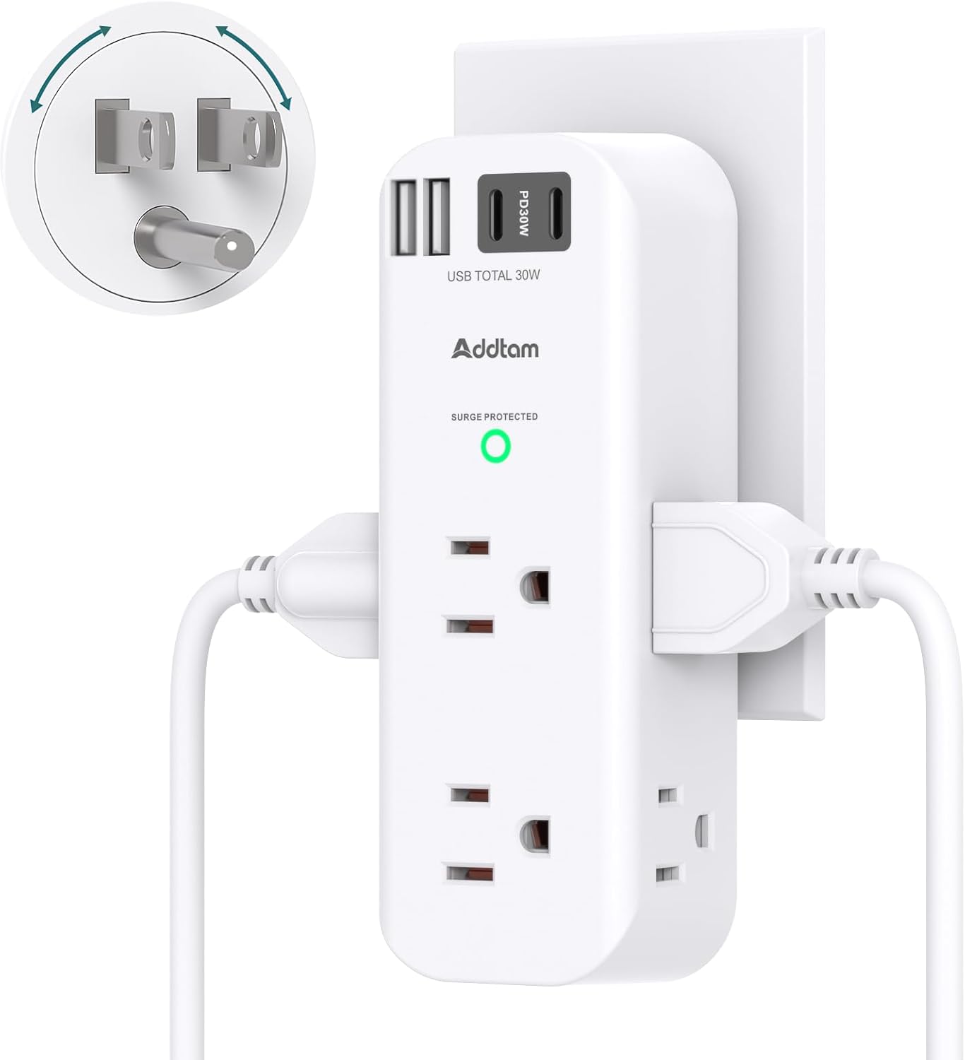 Surge Protector Wall Outlet Extender, Multi Plug Outlet with Rotating Plug, 6 AC Outlets 4 USB Ports (2 USB C), 1800J, 3-Side Power Strip Wall Mount, Outlet Splitter for College Dorm Travel Essentials