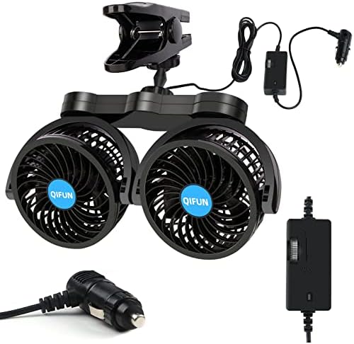 QIFUN Car Fan Adjustable Dual Head 12V 360° Rotatable 4 Inches Car Clip Fan for Front/Rear Seat Passenger Car Essentials Cooler with Stepless Speed Regulation for Vehicle SUV, RV