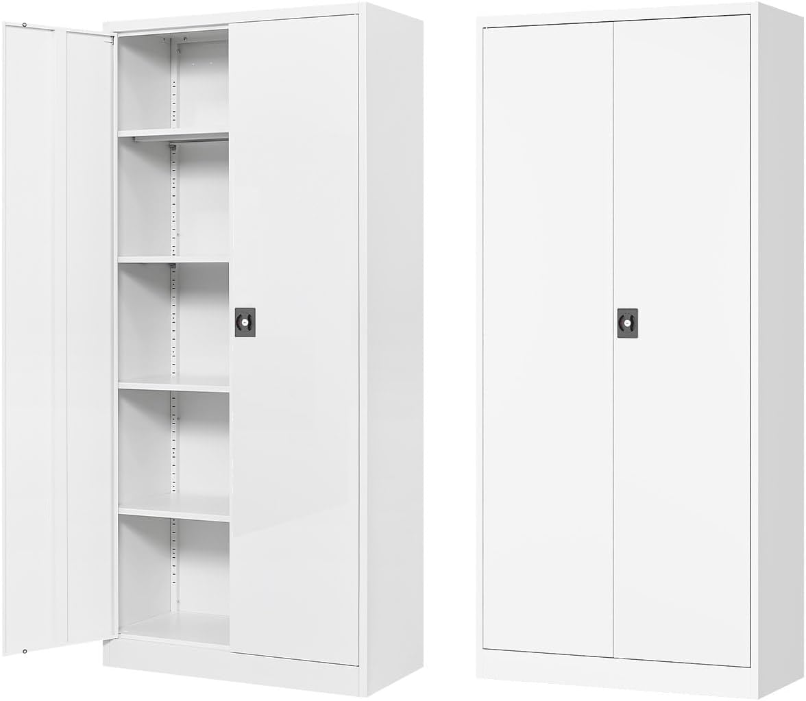 Fesbos Metal Storage Cabinet-71” Tall Steel File Cabinets with Doors and 5 Adjustable Shelves-White Steel Storage Cabinet for Home,Kitchen, School, Office, Garage