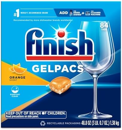 Finish Gelpacs Dishwasher Detergent Pods, Quick Dissolving Cleaning Power, Fights Grease & Dried-On Food, Easy-to-Use Pre-Measured Dishwasher Soap, Orange Scent, 84 Count