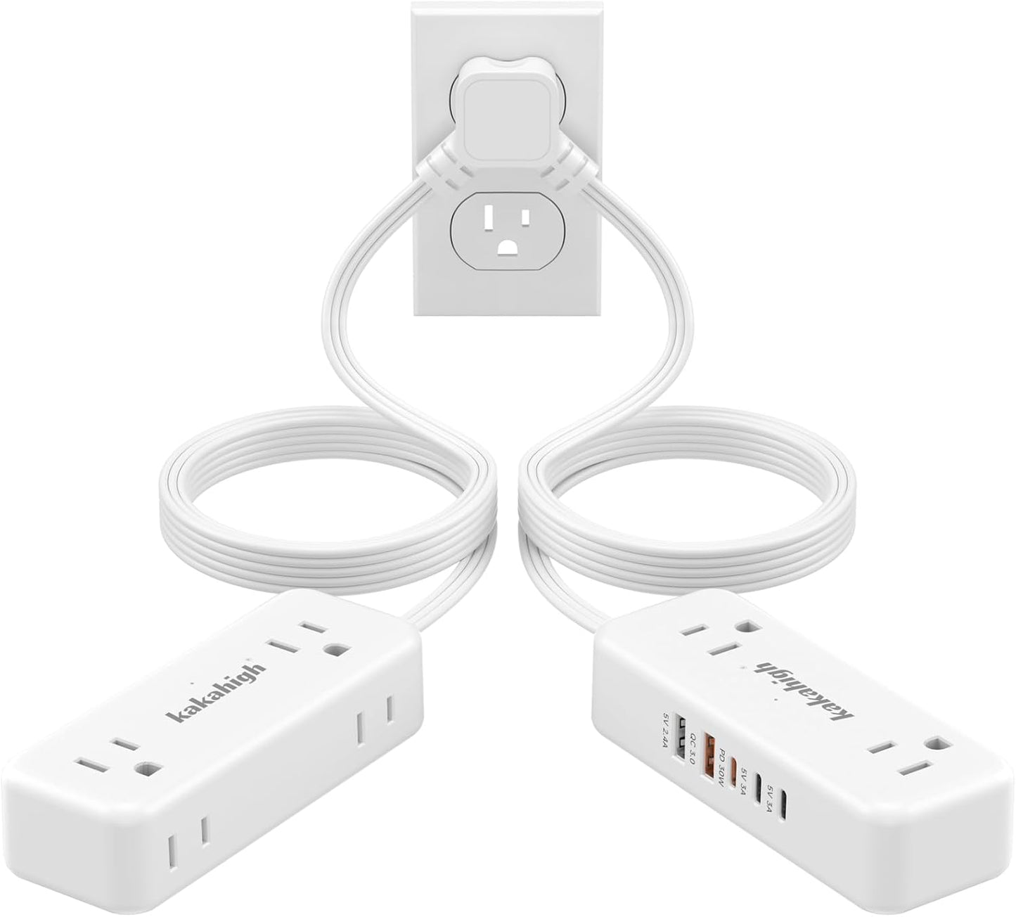 Split Extension Cord 10FT (5FT on Each Side), Single Flat Plug Twin Extension Cord with 4 AC Outlets, 2 USB-A & 3 USB-C(24W/4.8A), Nightstand Charging Station for Bedroom Dorm Room Home, His and Hers