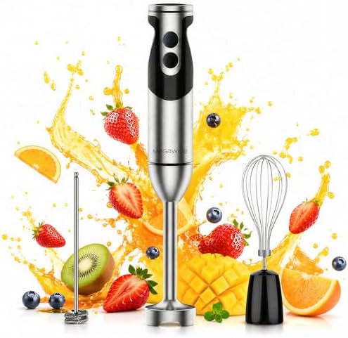 MegaWise Hand Blender, Immersion Blender Handheld 12-Speed with 80% Sharper Blades, Titanium Reinforced Stainless Steel 3-in-1 Immersion Blender,Includes Whisk and Milk Frother (3-in 1 Black)
