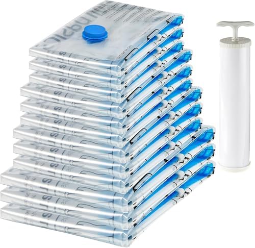 Amazon Basics Vacuum Storage Bags with Hand Pump for Travel, Space Saving Compression Bags for Clothes and Blankets, Clear, 12 Pack (3 Small, 3 Medium, 3 Large & 3 Jumbo)