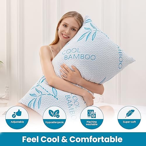 ComfySleep Queen Size 2 Pack Rayon Made from Bamboo Pillows for Sleeping, Cooling Shredded Memory Foam Adjustable Bed Pillow with, Removable/Washable Cover (Queen 2 Pack)