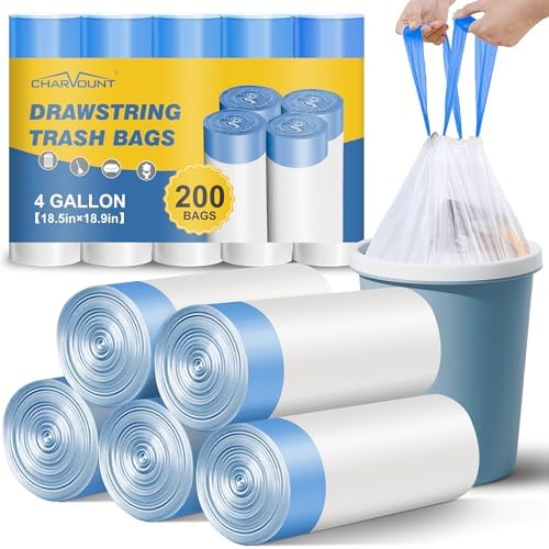 Charmount Small Trash Bags 4 Gallon, 200 Count Drawstring Mini Garbage Bags, Plastic Trash Can Liners for Bathroom Accessories, Bedroom, Dorm Room Essentials, Office