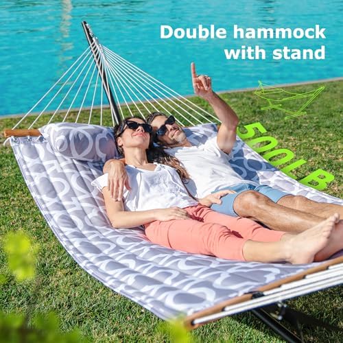 ANAGOO Double Hammock with Stand, Heavy Duty Outdoor Hammock for Two, 500 LBS Capacity, Stable Steel Frame with Balance Strap, Easy Tool-Free Assembly for Patio, Garden, Backyard & Beach,White Grey
