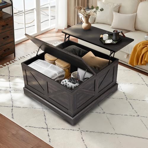 KIGOTY 31.5" Lift Top Coffee Table with Hidden Storage, Black | Square Farmhouse Style with Spacious Interior, All-in-one Living Room Table, Easy to Wipe and Adjust