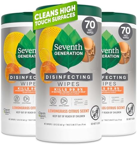 Seventh Generation Disinfecting Wipes, Lemongrass Citrus, 70 Count, 3 Pack, Botanical Multi-Surface Cleaner Kills 99.9% Germs, No Bleach, Plant-Based Formula for Home, Kitchen, Bathroom, Car Interior