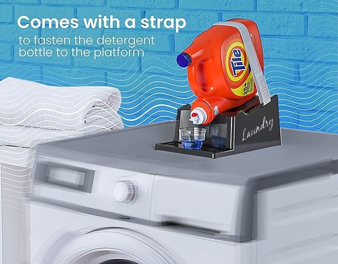TidyFriend Liquid Laundry Detergent Holder Stand with Drip Tray & Rubber-Grip Feet, Stand for Laundry Room Organization and Storage, Fabric Softener Dispenser with Cup Holder (Black with Print)