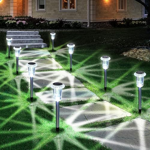 Eyrosa Solar Lights Outdoor, 15 Pack Waterproof Stainless Steel Solar Stake Lights for Pathway Garden Yard Path Walkway Driveway Lawn Patio Outside Decor, Cool White