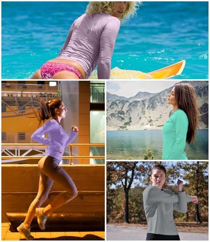 Kinglaman 6 Pack Women's Long Sleeve Workout Dry Fit Shirts, UPF 50+ Rash Guard SPF UV Sun Protection Swim Tee Shirts