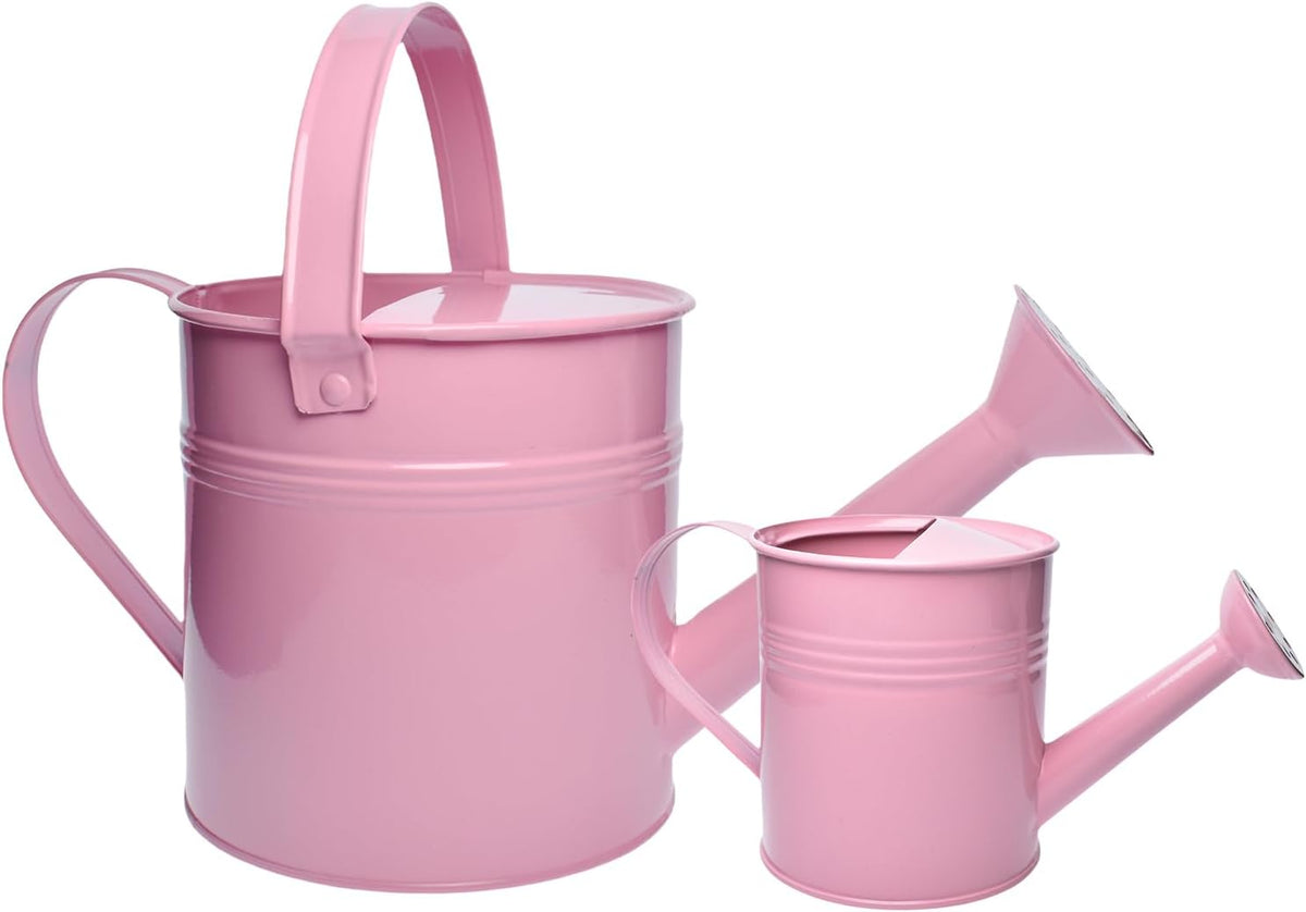Small Metal Watering Can Set, Pink, 1.2L and 0.23L Garden Cans with Long Spout, Indoor Outdoor Plant Care (White)