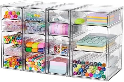 Vtopmart 4 Set Clear Desk Organizer, Pen Organizer with 16 Drawers, Acrylic Desktop Organization and Storage for Office Supplies, Pen, Makeup, Art Craft, Jewelry