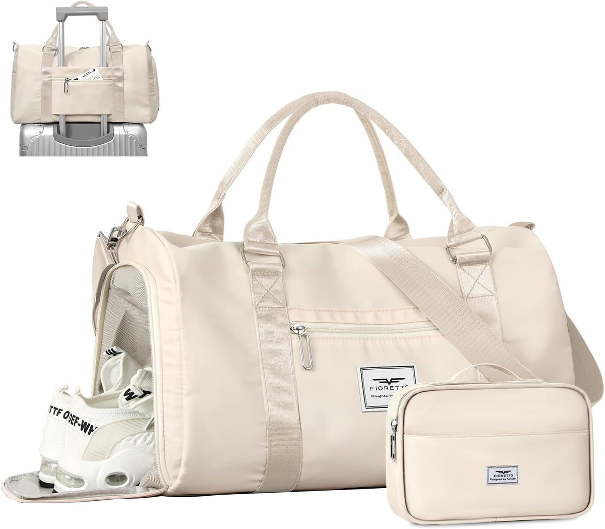 FIORETTO Womens Gym Tote Duffle Bag with Wet Pocket & Shoe Compartment, Sports Duffel Overnight Weekender Hospital Workout Carry on Bag for Girls, Ideal for Travel, Swimming, Dance, Ballet Beige
