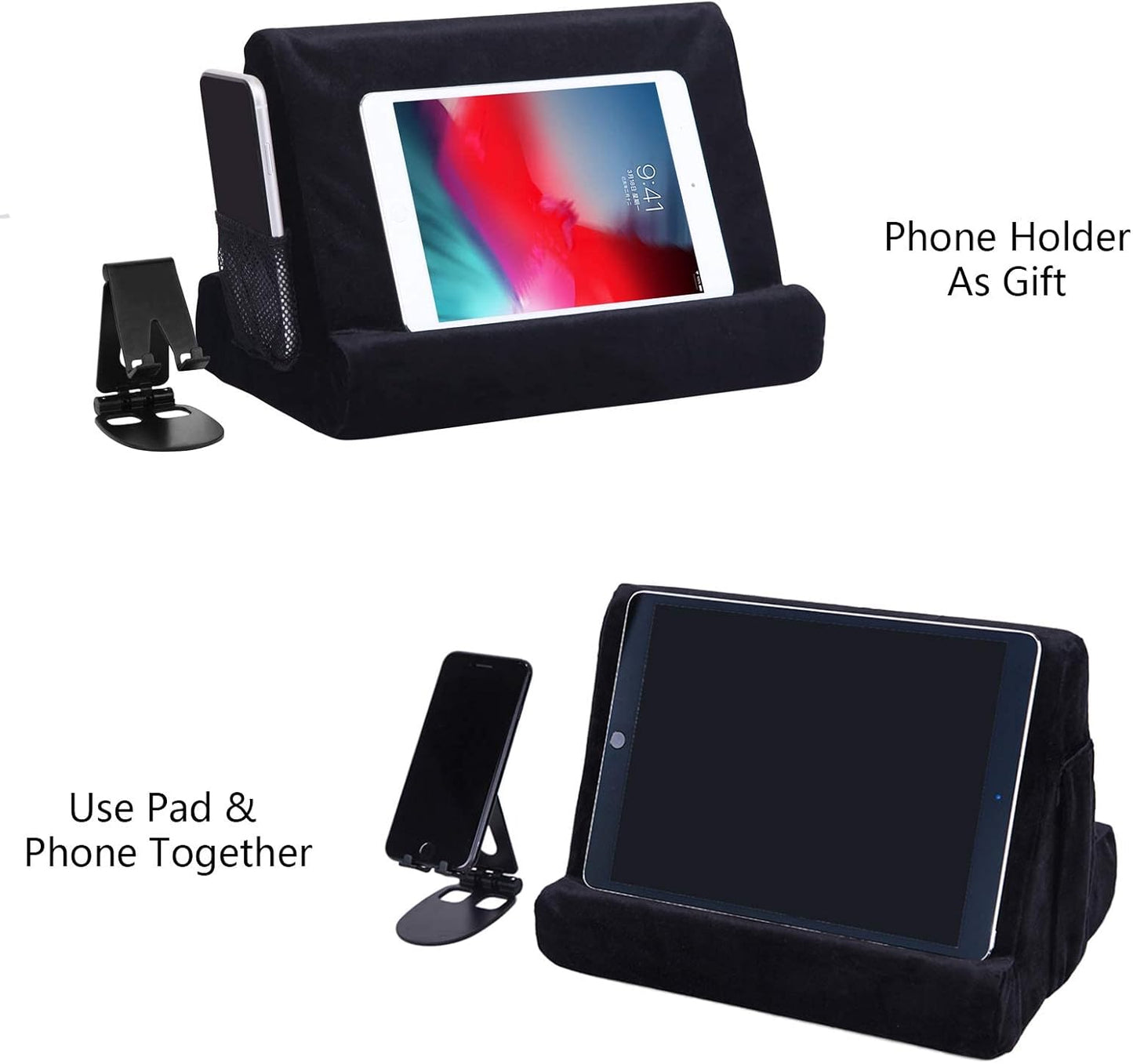 2pcs Multi-Angle Tablet Holder Cushion Stand with Net Pocket & Black Color Phone Stands Upgraded Tablet Pad Support for Phone,Pad,Books ( Black )