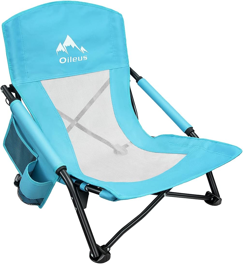 Oileus Low Beach Chair for Beach Tent/Shelter/Camping/Outdoor Ultralight Backpacking Folding Recliner Chairs with Cup Holder/Storage Bag, Carry Bag, Breeze Mesh Back, Compact Duty 2 Pcs
