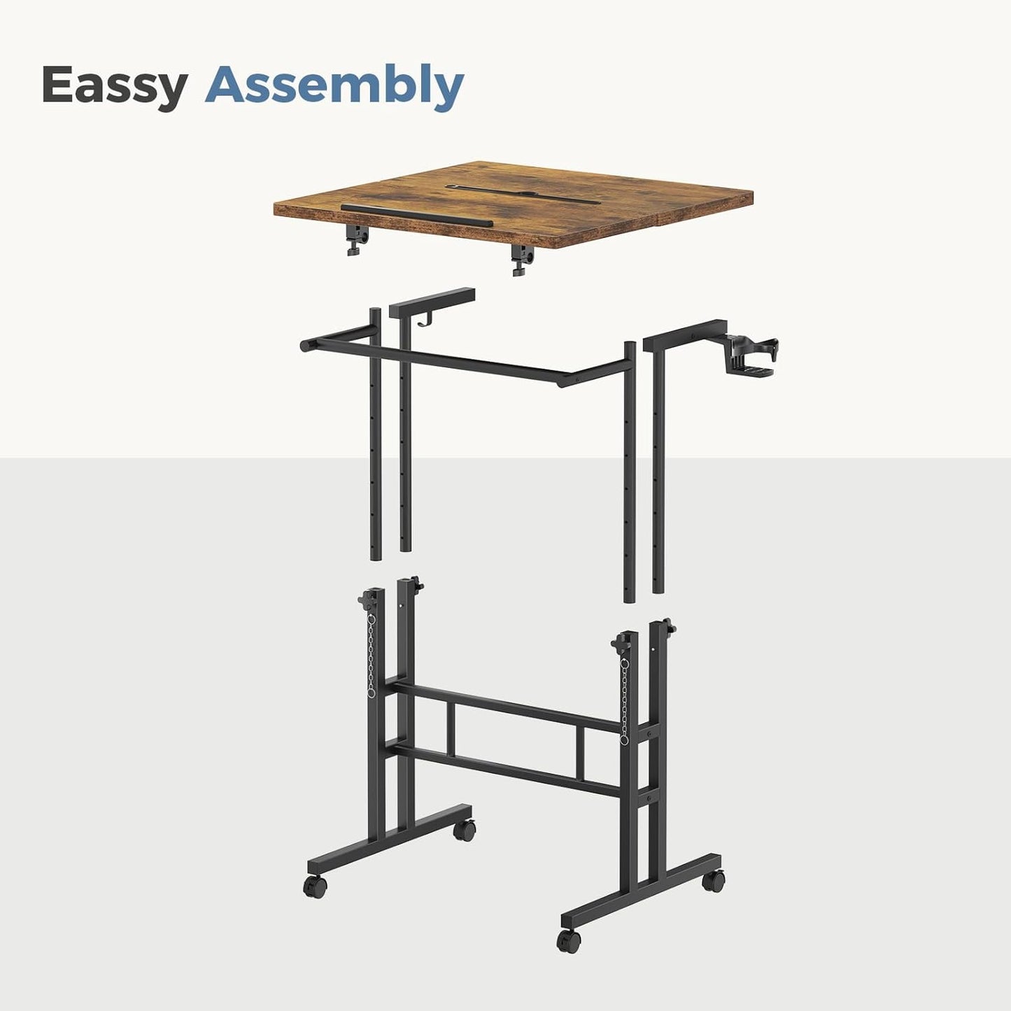 DUMOS Split Top Rolling Standing Desk, 23.6" Mobile Laptop Desk, Manual Height Adjustable Workstation on Wheels, Sit Stand Office Table, Walking Pad Study Desk, Rustic Brown