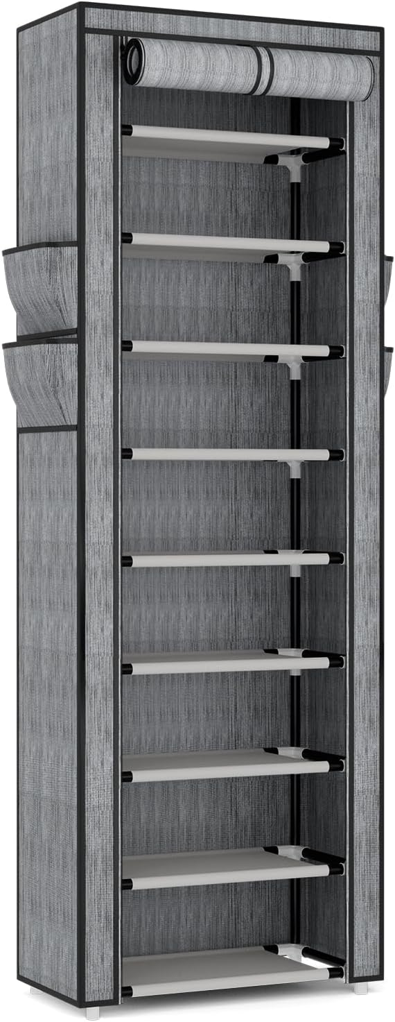 VILICK Shoe Rack with Cover Narrow Shoe Rack Organizer with 4 Side Pockets 10 Tier Tall Shoe Storage Shoe Shelf Holds 18-22 Pairs Shoes and Boots Shoe Rack for Closet, Printing