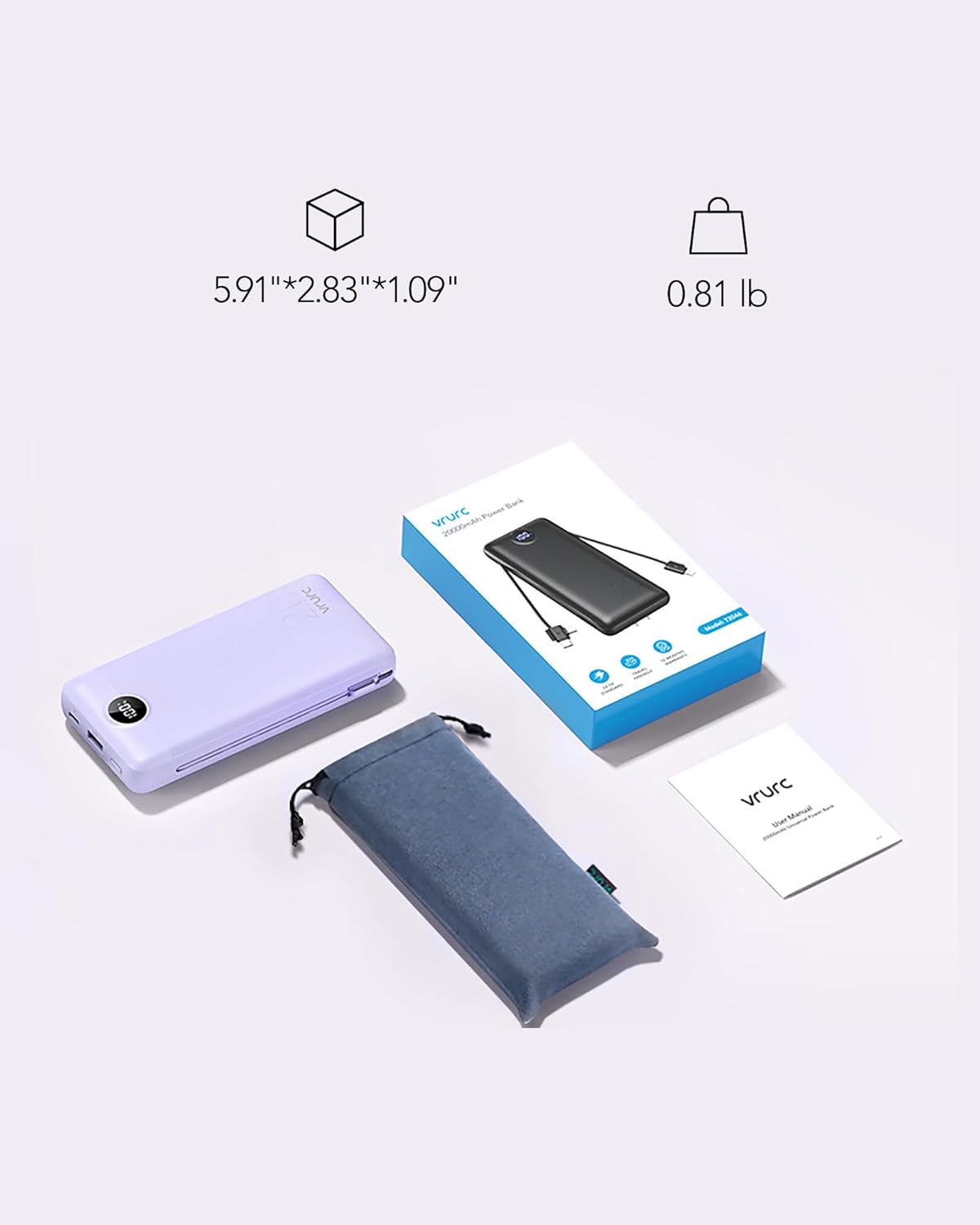VRURC Portable Charger 20000mAh, Fast Charging Power Bank USB C,4 Output 2 Input Travel Essentials Charging Bank Equipped with LED Display,Built-in Wall Plug and Cables,Phone Charger Battery,Purple