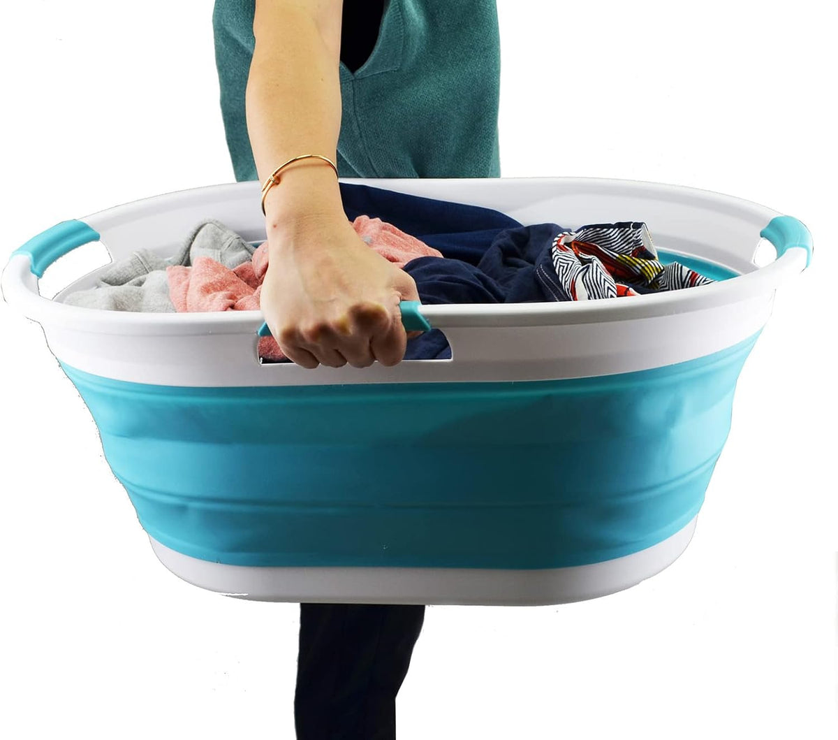 SAMMART 44L Collapsible Plastic Laundry Basket - Foldable Pop Up Storage Container/Organizer - Portable Washing Tub - Water Capacity: 35L (1, White/Bright Blue), Size : 25.4 x 17.8 x 10.6 inches