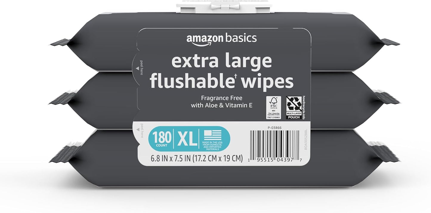 Amazon Basics Extra Large Flushable Wipes, Fragrance Free, pH Balanced, with Vitamin E & Aloe, Hypoallergenic, 360 Wipes, 6 Packs of 60, Resealable Closure