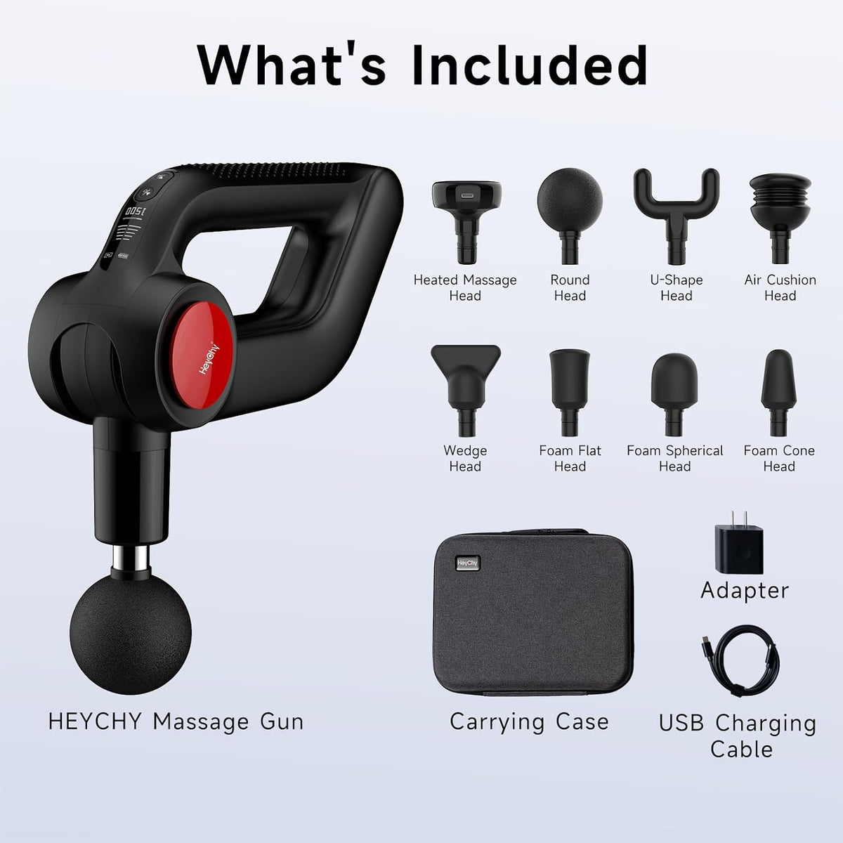 HEYCHY Deep Tissue Massage Gun with Heat, 12mm, 8 Heads, Black