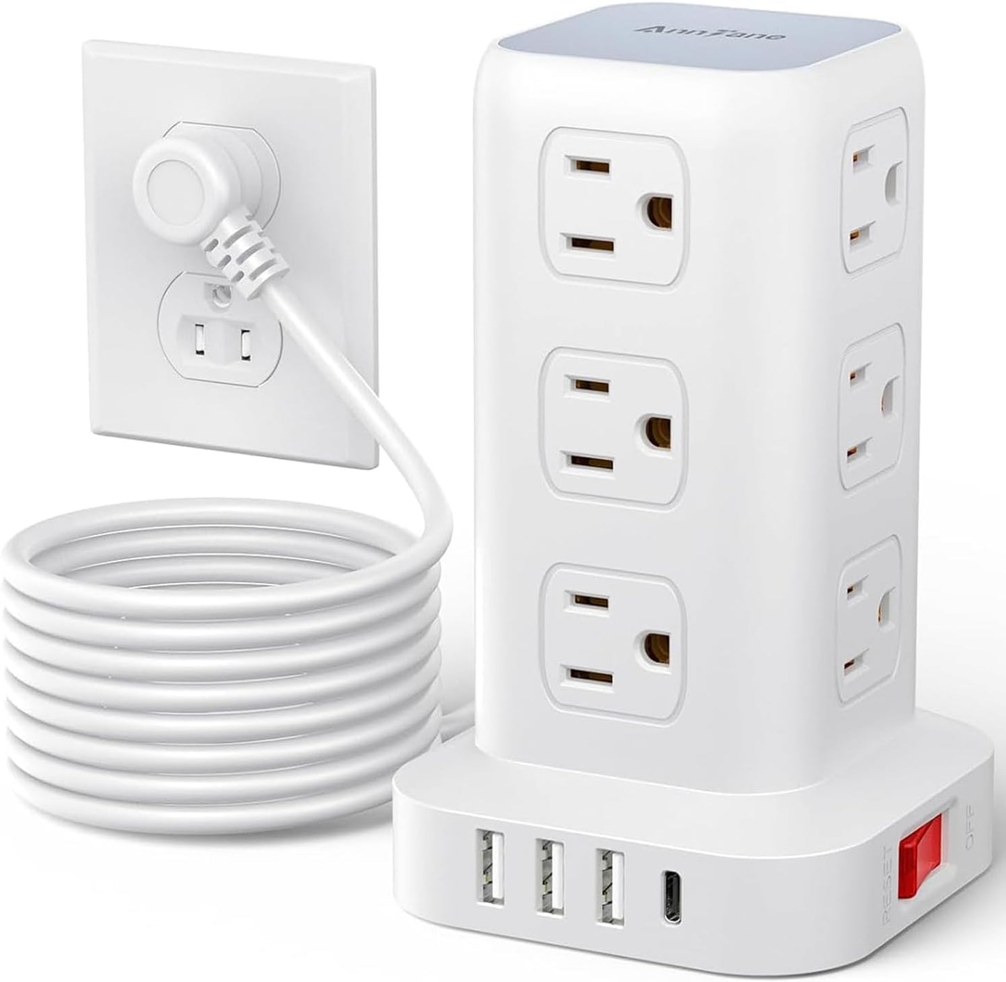 AnnTane Power Strip 6.5 FT Cord, Power Strip Tower with 4 USB Ports (1USB C), Extension Cord with 12 AC Multiple Outlets, Home Office Supplies Desk Accessories, Dorm Room Essentials