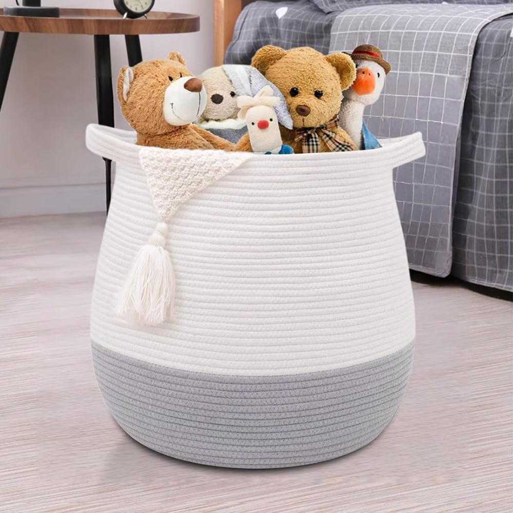 Large Cotton Rope Basket, Woven Storage Basket for Toy, Laundry and Blanket Organizer, Round Hamper Basket with Handles for Kid's Room 17.7"x16.9"