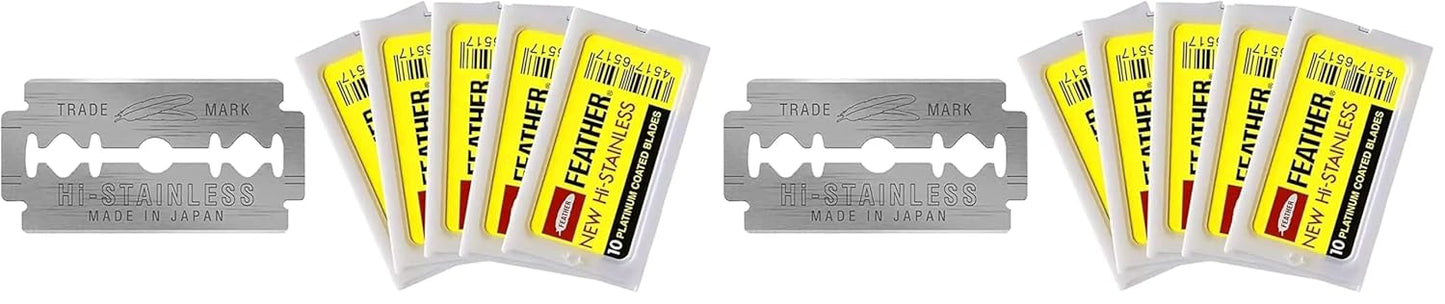 Feather Double Edge Safety Razor Blades - (50 Count) - Platinum Coated Hi-Stainless Steel Razor Blades - Fits Most Safety Razors - Super Sharp for Close Shaves - Japanese Quality