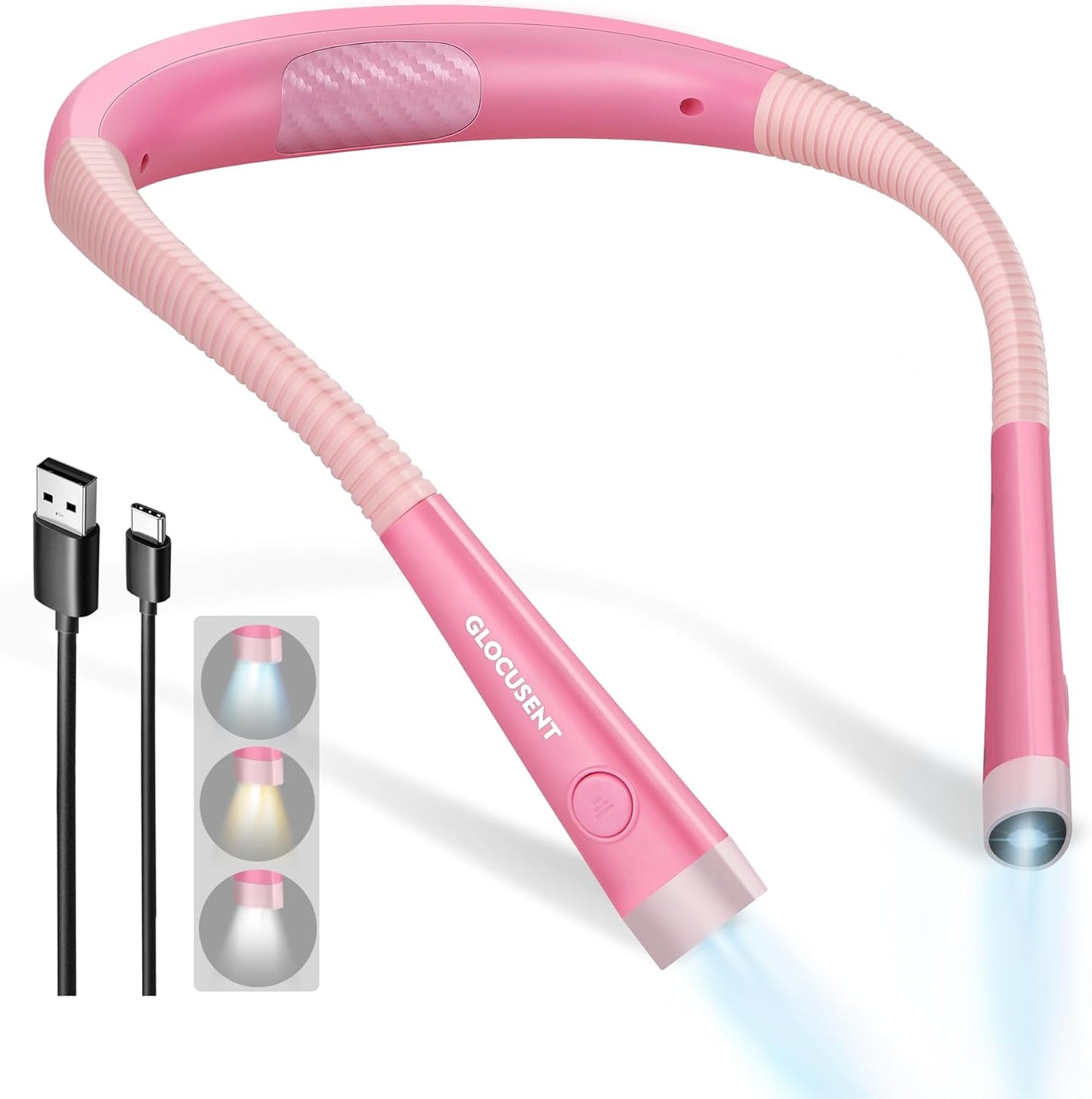 Glocusent Upgraded LED Neck Reading Light, Book Light for Reading in Bed, 30-min Timer, 3 Colors & 3 Brightness Adjustable, Rechargeable & Long Lasting, Perfect for Reading, Knitting