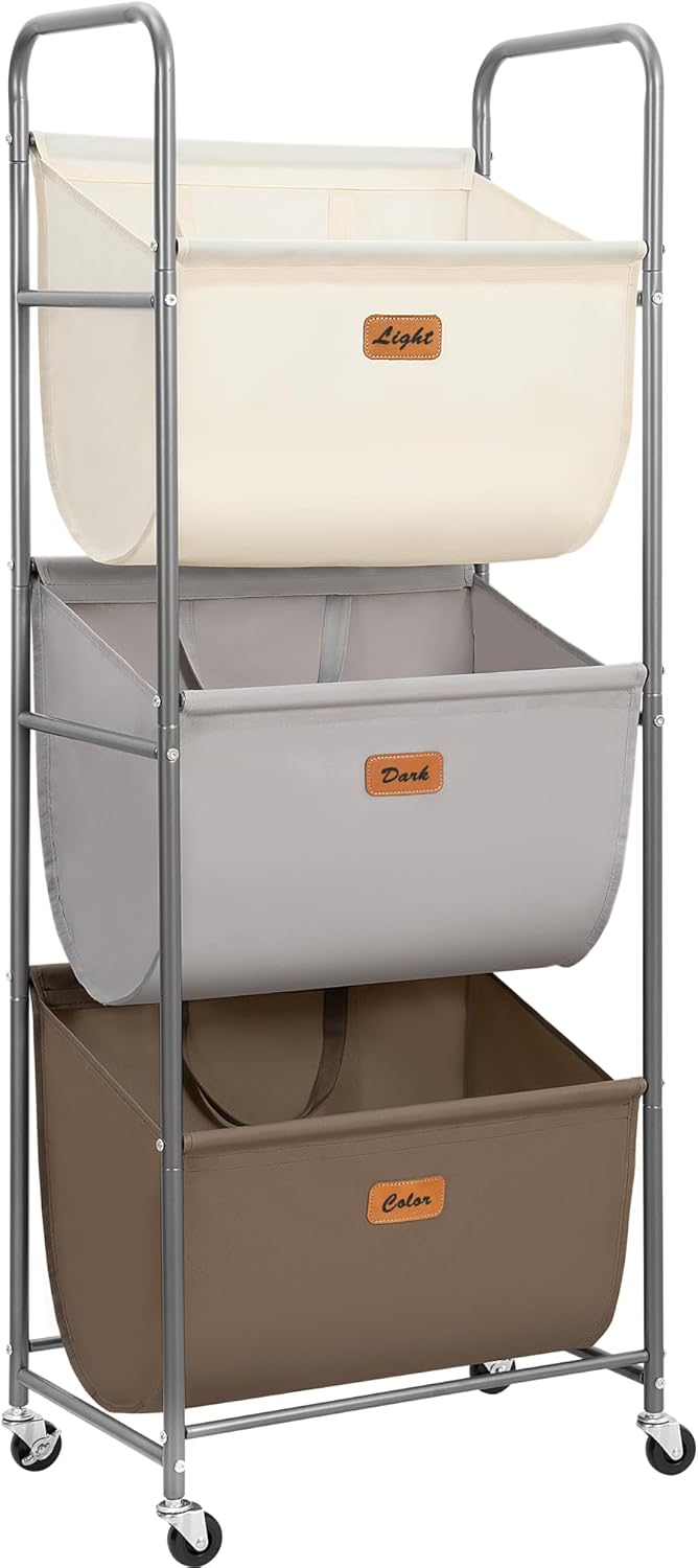 STORAGE MANIAC 120 Liters Vertical Rolling Laundry Hamper, 3 Section Laundry Sorter with Wheels and 2 Breaks, 3-tier Laundry Baskets for Small Space, Dorm, Laundry Room, Closet, Bathroom, Gray 3-tier