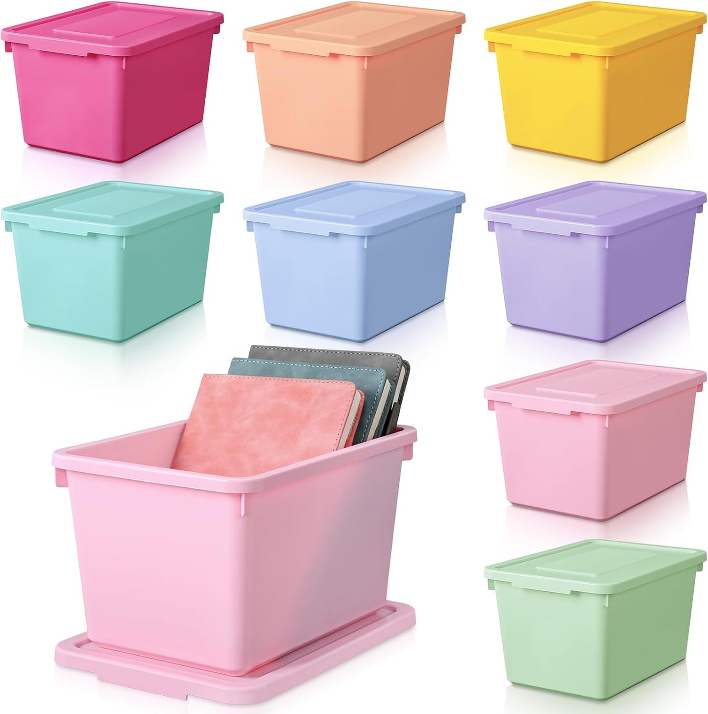 Potchen 6 Pack Small Stackable Storage Bins with Lids Plastic Storage Boxes for Classroom 9.8" ×7.3" ×5.7" Decorative Organizer Bins for Craft Art Office Teacher Supplies (Pink,Purple,Orange)