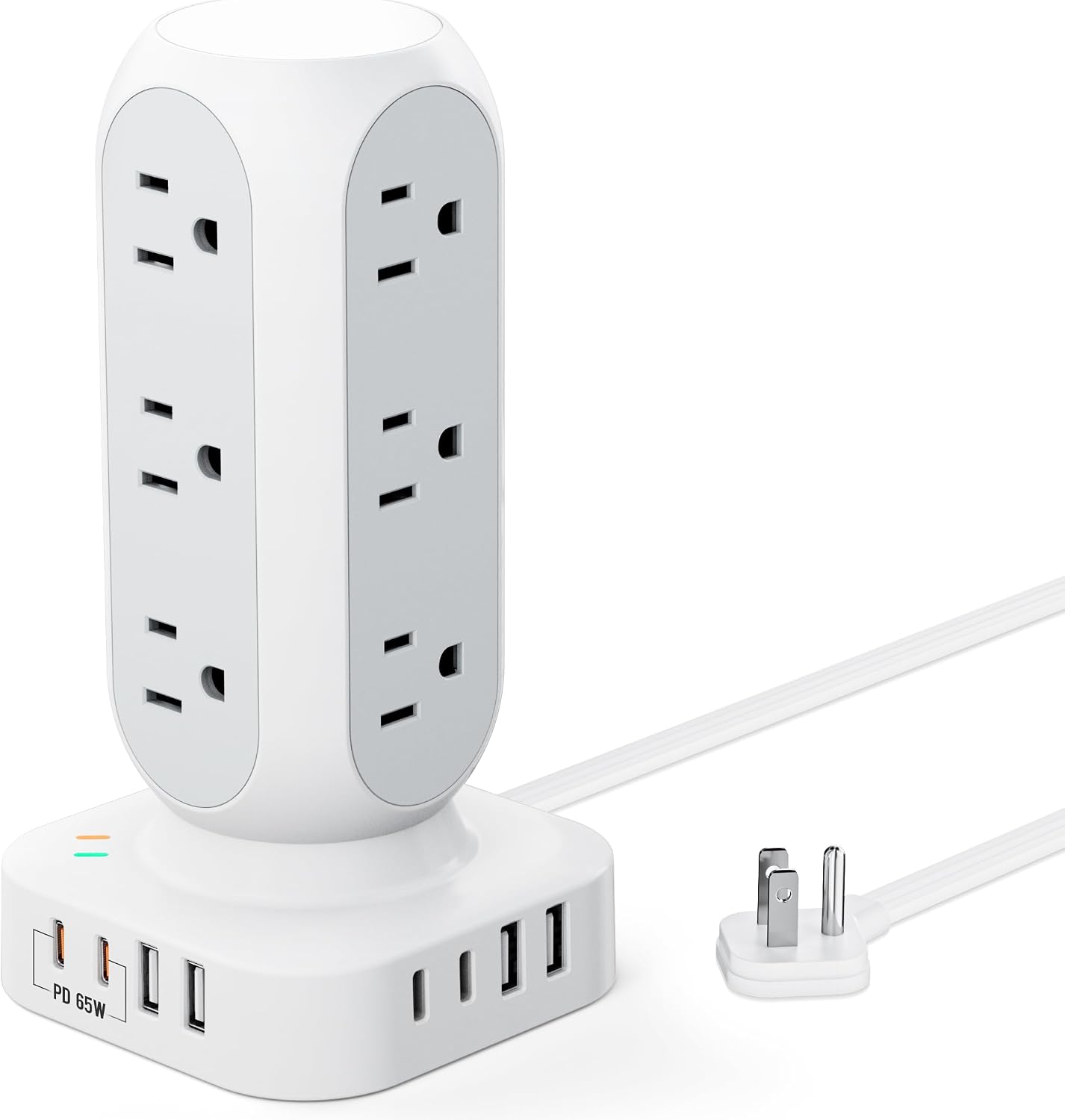 Flat Plug Power Strip Tower, TenTrend 40W Total Fast Charging Station, 15FT | 12 AC Outlets & 8 USB Ports (4 USB C), Dual PD 20W, 10FT Extension Cord for Desk Office Dorm Room