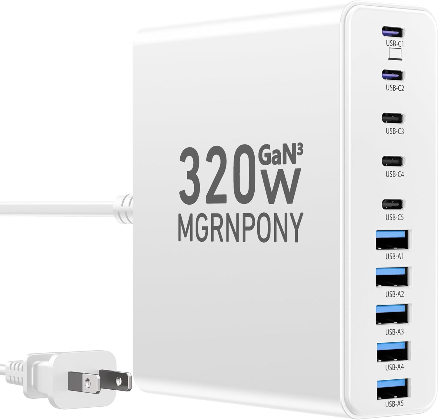320W USB C Charger Block, 10-Port USB C Charging Station GaN III PD 65W Laptop Fast Charger Adapter for MacBook Pro/Air, DELL, iPad, iPhone, Samsung Galaxy Black