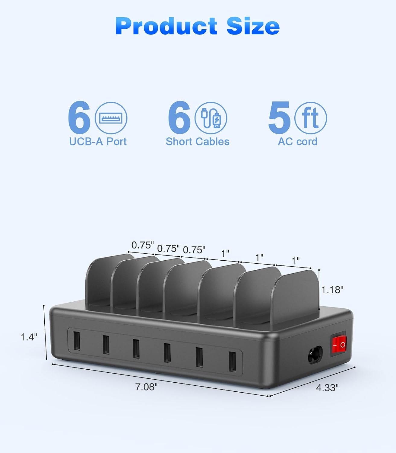 50W 6 USB Port Charging Station for Multiple Devices, Multi Charger Station | with 6 Cables, USB-A to USB-C Adapter Converter, Compatible with iPhone,iPad Kindle Tablet and Other Electronic(Space Gray)
