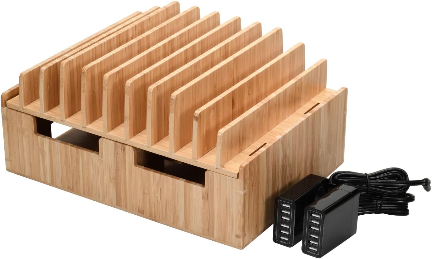 MobileVision Bamboo 10-Port Charging Station & Compatible Adapter for Apple Watch Combo for use with Watch, Smartphones & Tablets