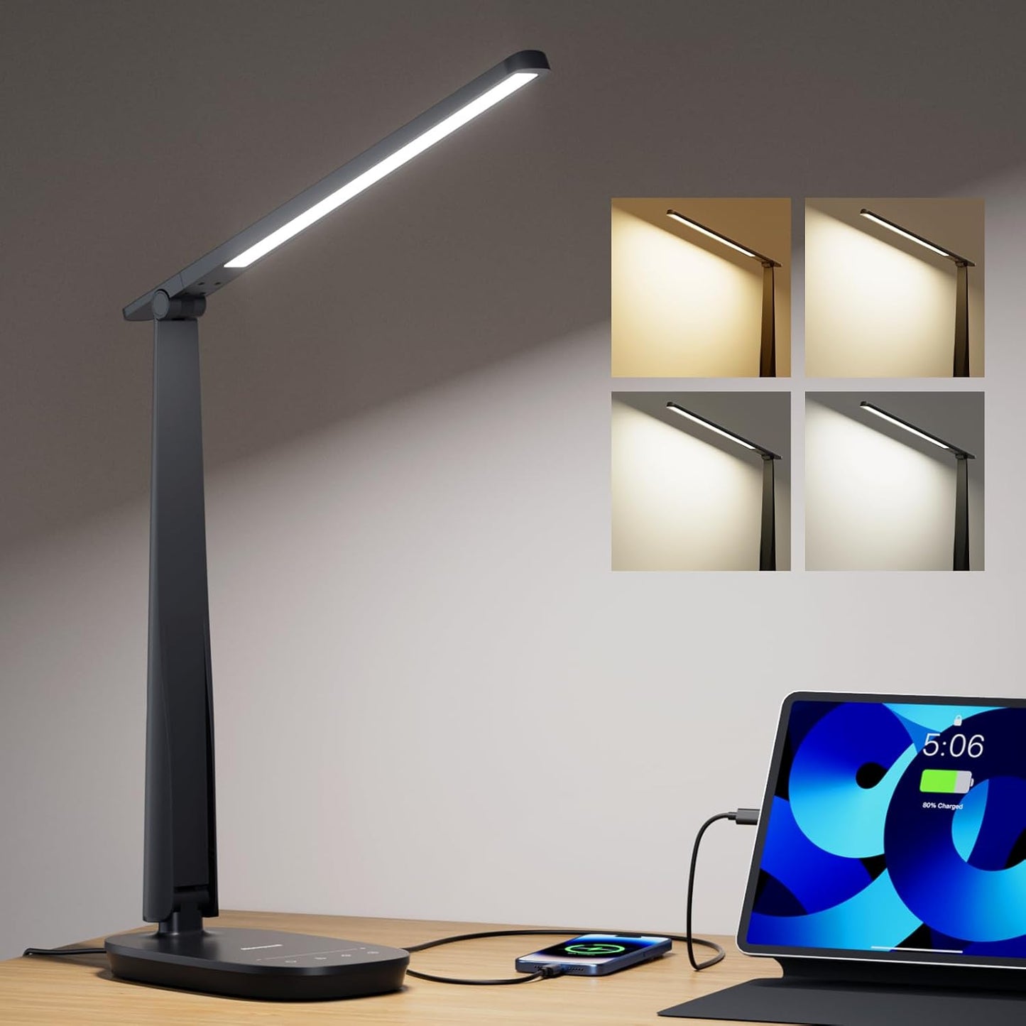 Honeywell LED Desk Lamp for Home Office, Eye-Caring Dimmable Reading Light with 4 Color Modes, Touch Control, USB-A & USB-C Charging Ports, Adjustable Head, Timer for Bedroom & Small Desks