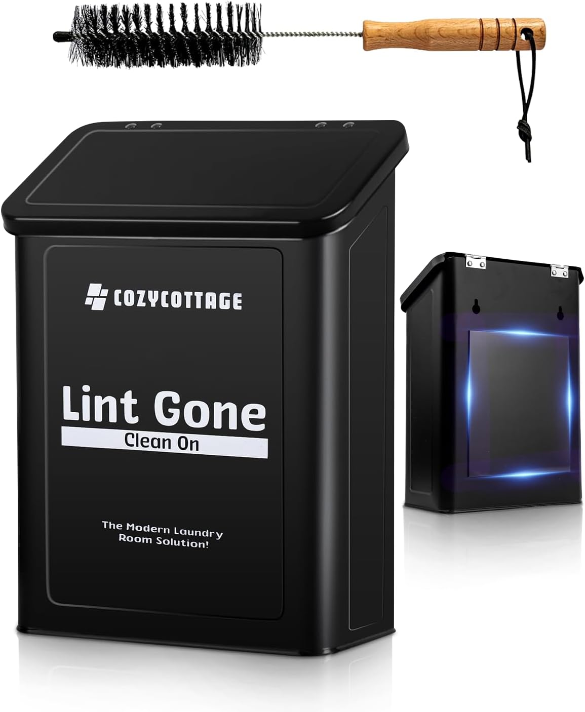 COZYCOTTAGE Magnetic Lint Bin for Laundry Room with Dryer Lint Brush - Slim Wall Mounted Trash Can with Lid - Modern Farmhouse Storage Organizer & Debris Collector - Space-Saving White Metal Holder