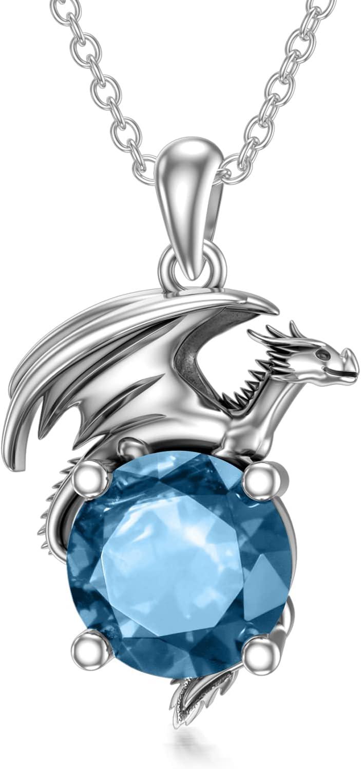 Dragon Necklace for Women/Men Sterling Silver Necklace with Birthstone Gift for Women/Men