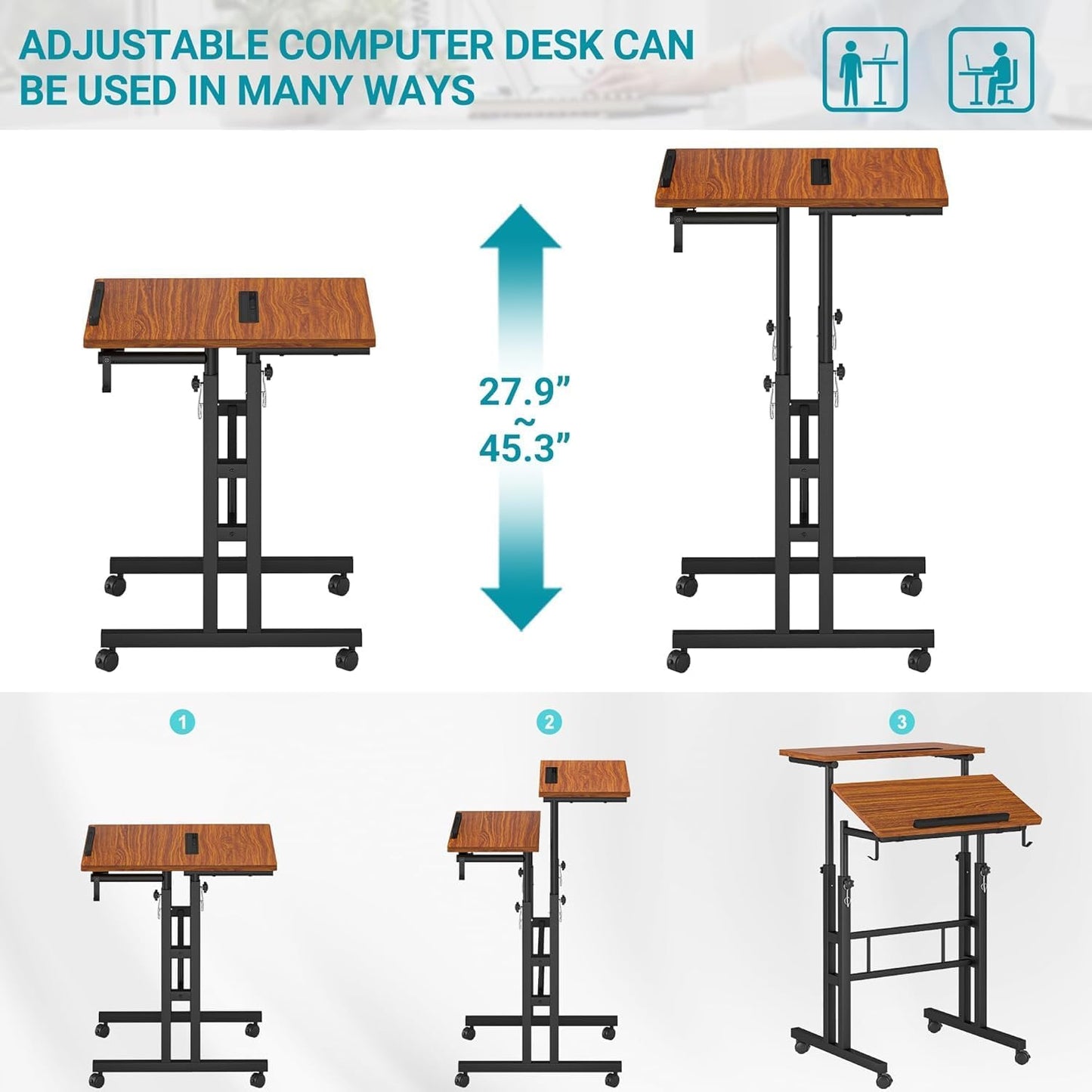 Klvied Stand Up Desk on Wheels, Portable Computer Desk for Home Office,Rolling Desk for Laptop with Removable Cup Holder, Adjustable Laptop Cart for Standing or Sitting,Walnut