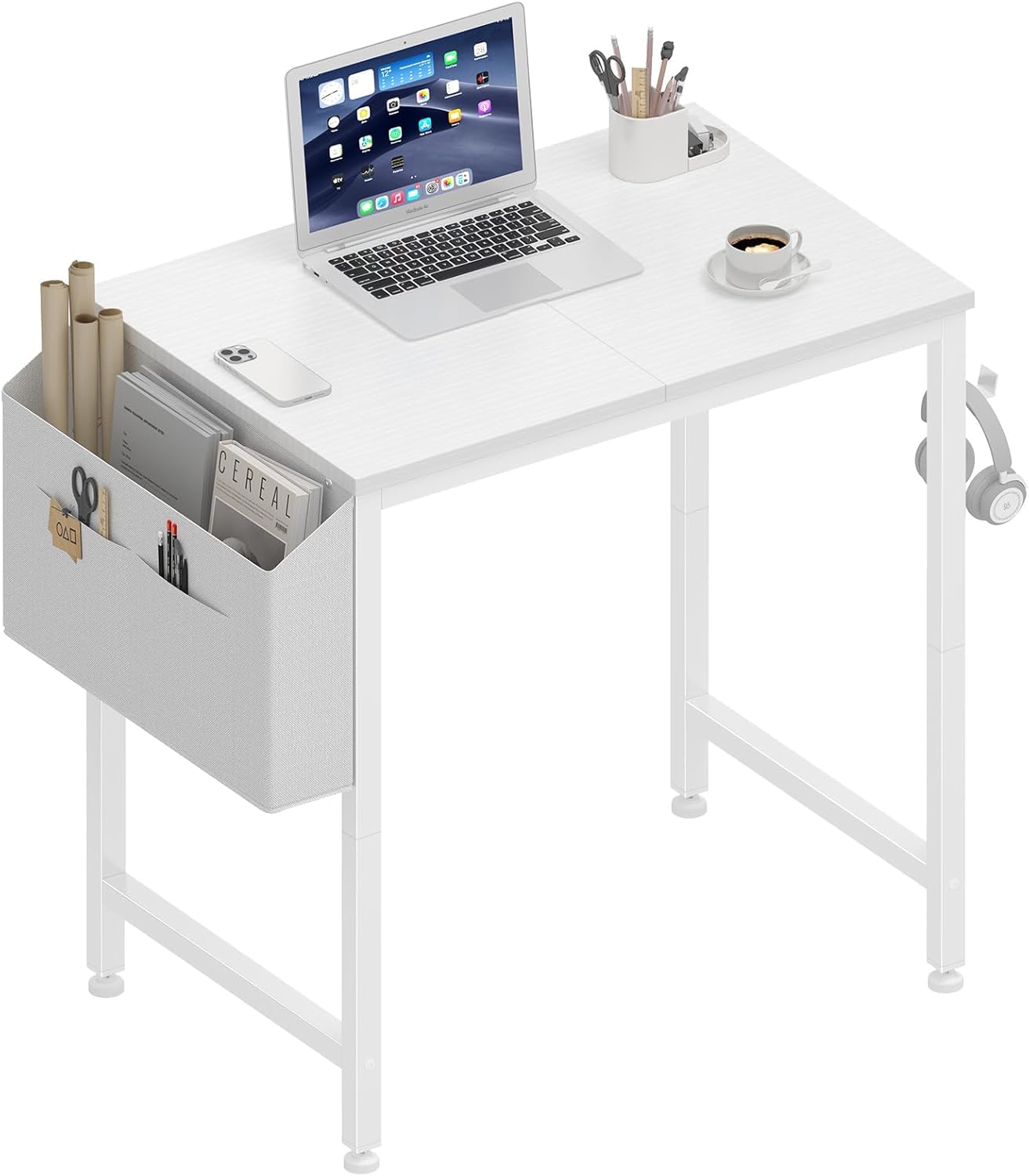 Lufeiya Small Desk for Small Spaces, 24 Inch Kids Girls Study Writing Mini Desks for Bedroom, Simple Modern Laptop PC Little Side Table with Storage Bag Headphone Hooks, Rustic Brown