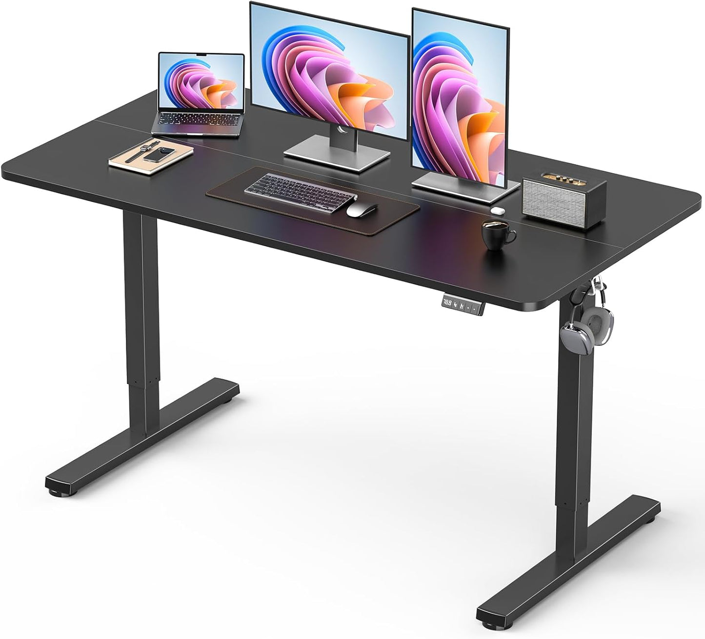 32" Small Electric Rolling Standing Desk Adjustable Height, Mobile Sit Stand up Desk with Lockable Casters for Home Office & Computer Workstation, Splice Board, 2 Hooks, Black Frame/Rustic Brown Top