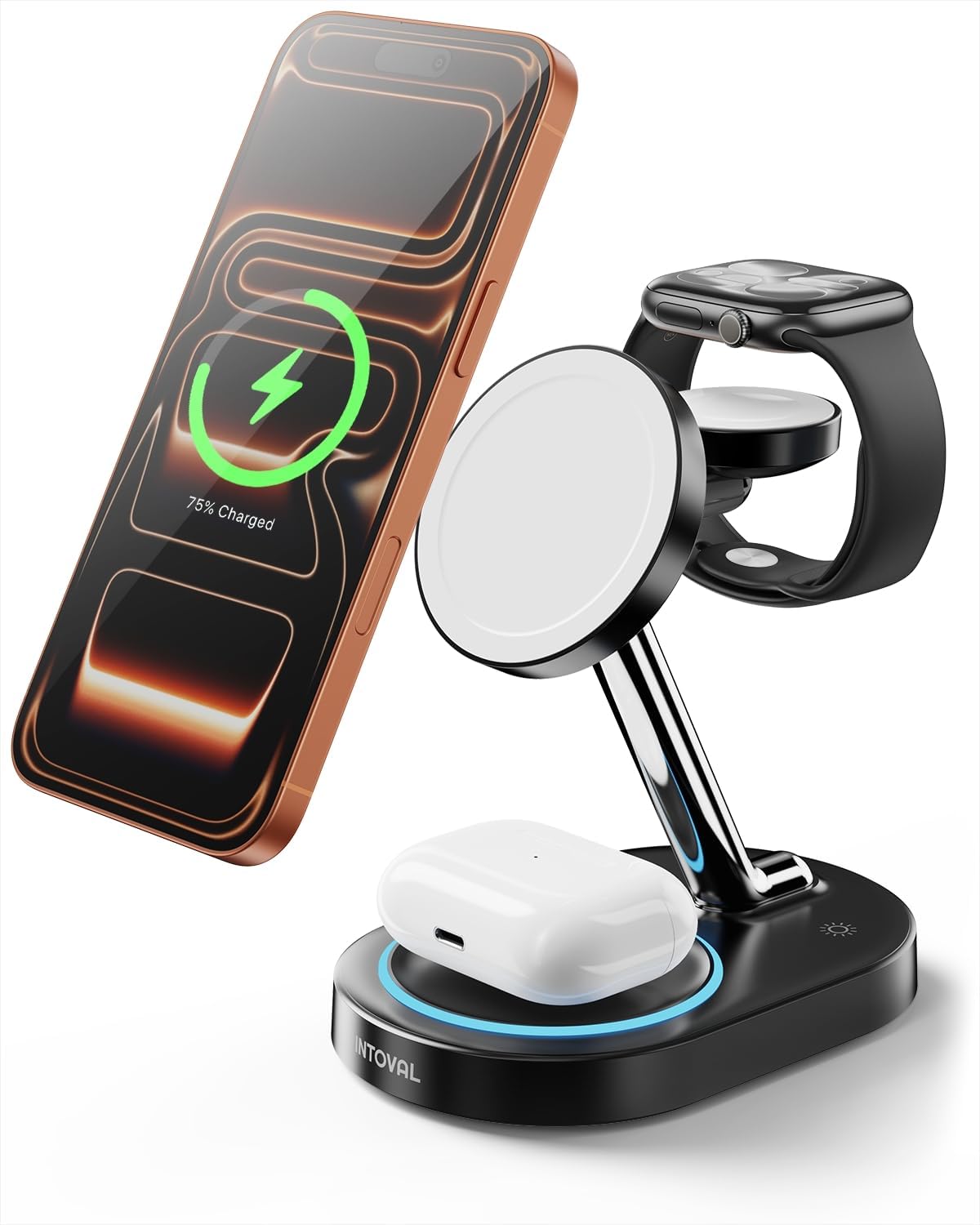 Intoval Fast Charging Station for Magsafe Apple Devices, Wireless Charger for MagSafe iPhones, 3 in 1 Magnetic Charger Stand for iPhone16/15/14/13, Apple Watch & AirPods