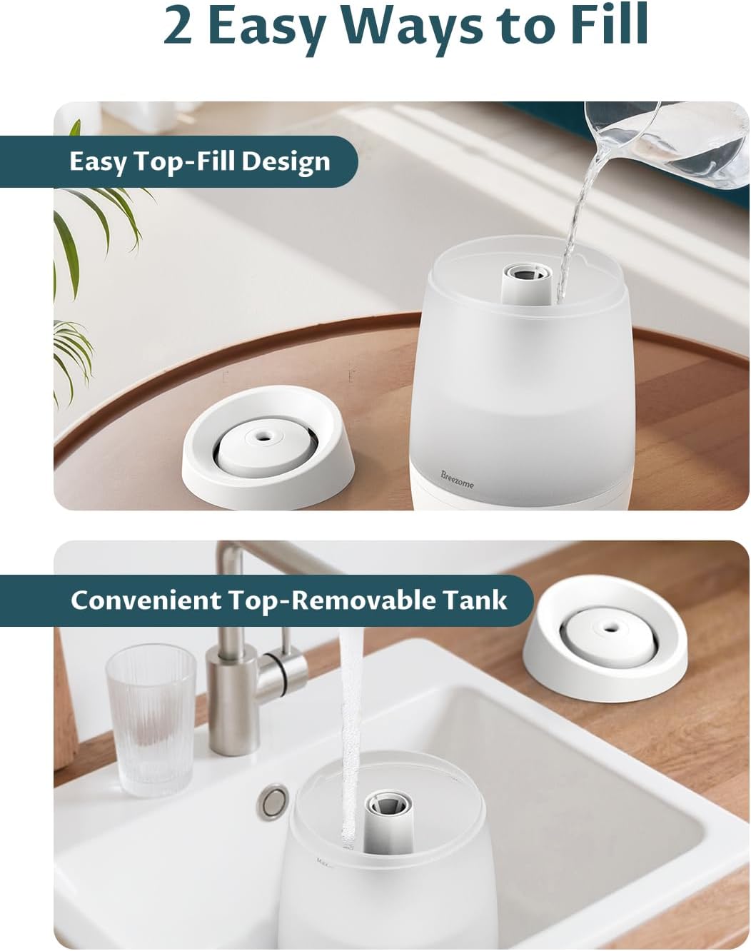 BREEZOME 2.5L Top Fill Humidifiers for Bedroom, 250ml/h Mist Output, 25hrs Humidifiers for Home, 7 Adjustable LED, Essential Oil Diffuser, 25dB Ultrasonic Humidifier for Baby and Indoor Plants, White
